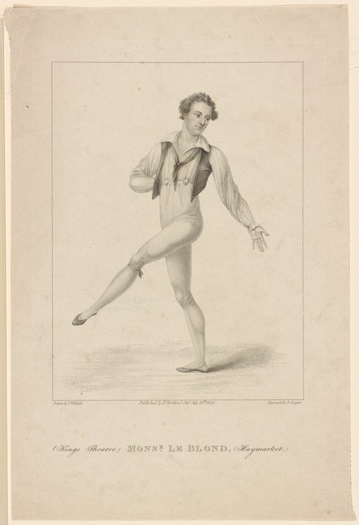 Male dancer in pale tunic and breeches, barefoot, held in an extended pose with one leg behind and arms open, against plain background.