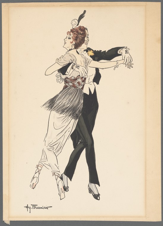 Pen-and-ink drawing of a man and woman in formal evening dress dancing in a close ballroom hold, the woman leaning back with her arm extended.