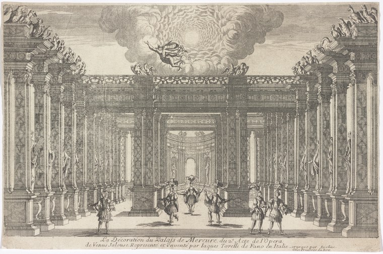 Engraved theatrical stage design showing a colonnade with costumed figures, labeled as Mercury's Palace from the opera Venus Jalouse.