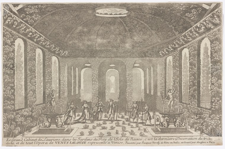 Engraved Baroque garden pavilion with colonnades, vault, and small costumed figures suggesting theatrical dance and spectacle.