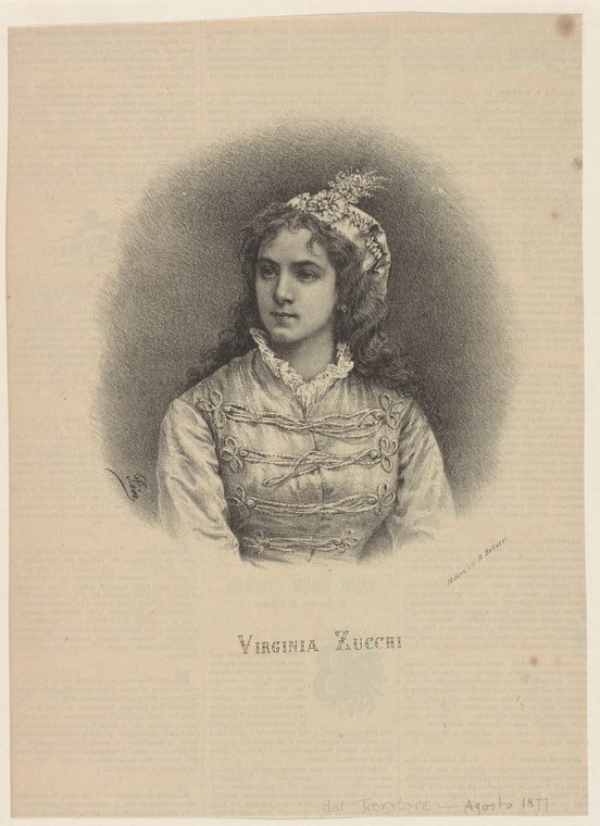 Formal portrait engraving of Virginia Zucchi in elegant stage costume with ornate braided bodice and floral headdress, rendered in fine line and tone.