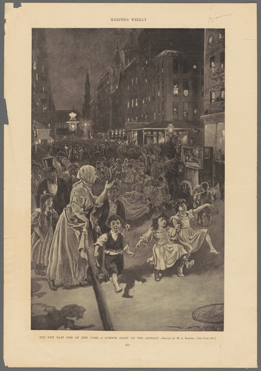 Crowded nighttime street scene with hundreds of men, women, and children gathered on a Lower East Side street, with children in motion and a prominent woman in