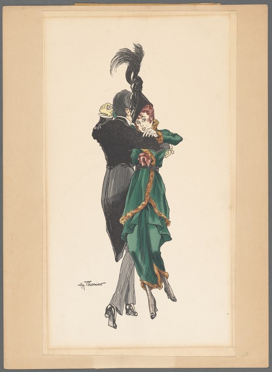 A man in military dress and a woman in emerald silk dress stand in a closed ballroom frame, poised mid-dance against a plain background.