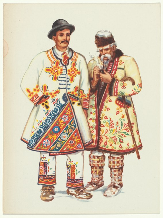 Two men in traditional Eastern European embroidered costume stand facing the viewer in a static pose against a plain background.