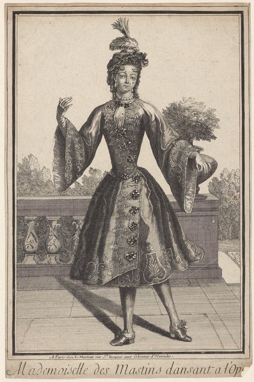 Engraving of a woman in elaborate 17th-century court dress with feathered plume, posed on a terrace with arms raised in theatrical greeting.