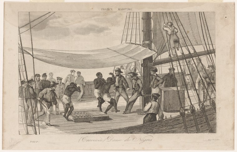 Line engraving of crowded ship deck with two central figures in vigorous dance surrounded by watching sailors and passengers in 19th-century dress.