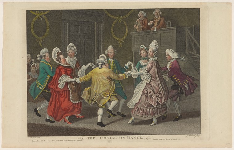 Eight dancers in 18th-century dress perform a cotillion in a Georgian ballroom while two spectators watch from a balcony.