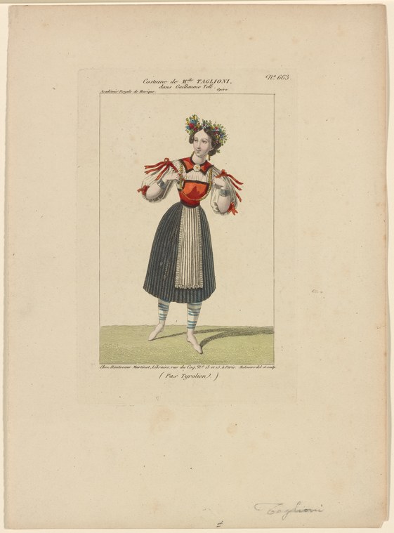 Marie Taglioni in Tyrolean peasant costume with flower crown, red bodice, pleated skirt, and silk scarves, posed in a trained dancer's stance.