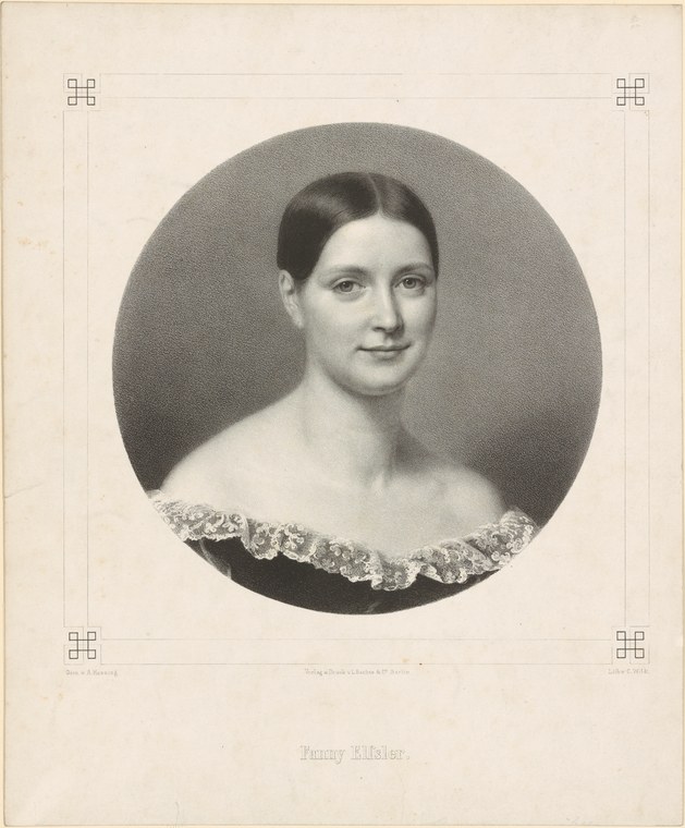 Portrait engraving of a woman with dark hair parted in the center, bare shoulders, and white lace-trimmed dress, shown in oval vignette format.