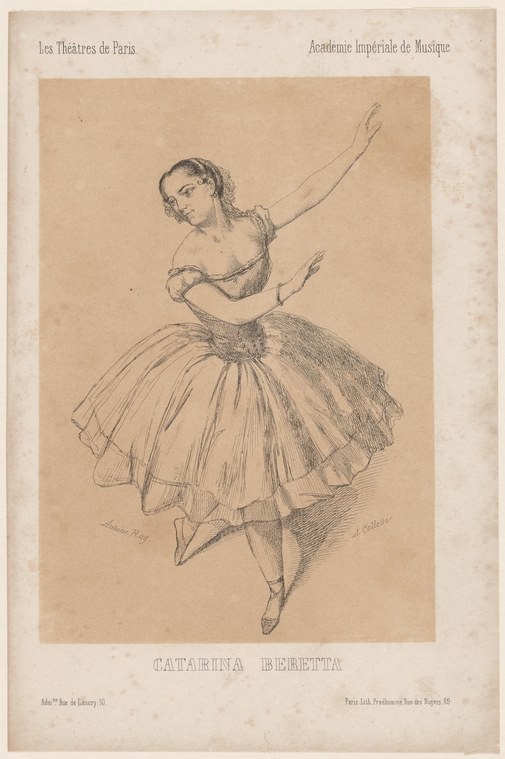 A young female ballet dancer en pointe in a tulle skirt, her right arm extended upward, drawn in fine ink line.