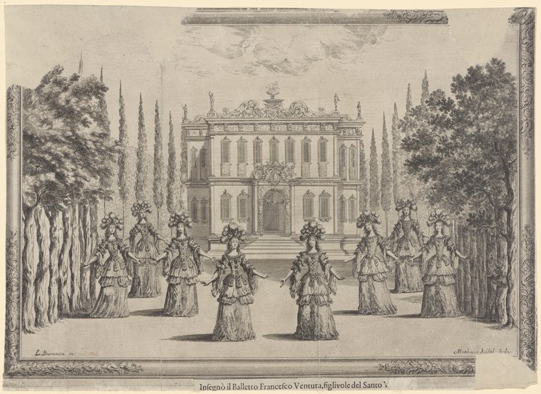 Engraving of two dozen figures in 18th-century court dress dancing in a palatial courtyard framed by cypress trees.