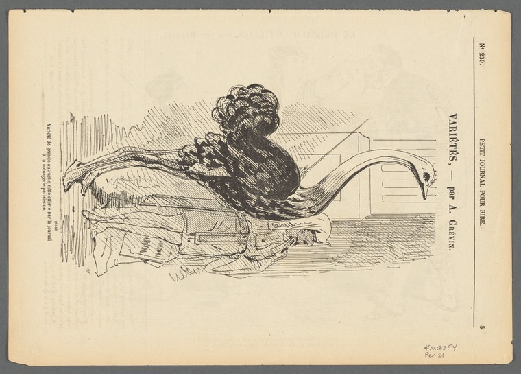Satirical engraving of a cotillion in collapse: a man tumbles backward while a woman in a plumed headdress recoils in alarm.