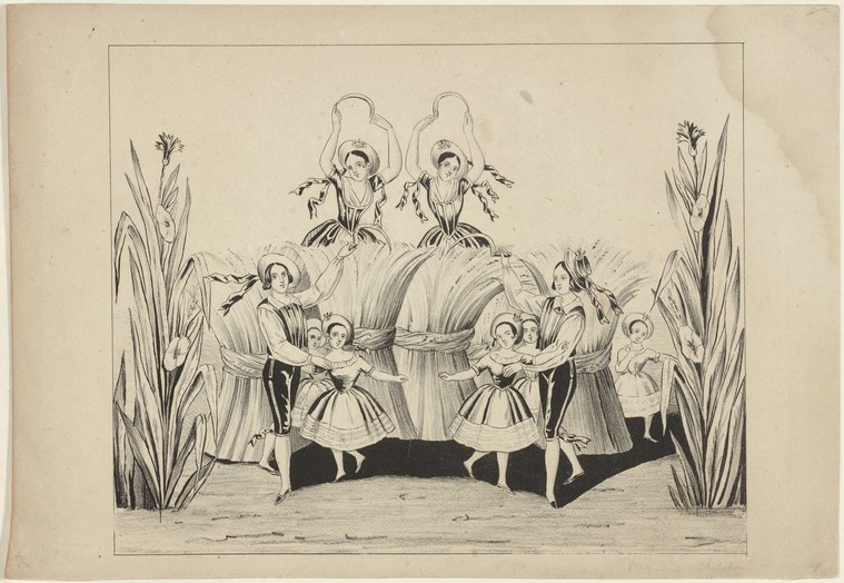 Eight figures in long Regency-era dresses arranged symmetrically in a garden with iris plants, holding formal dance poses.