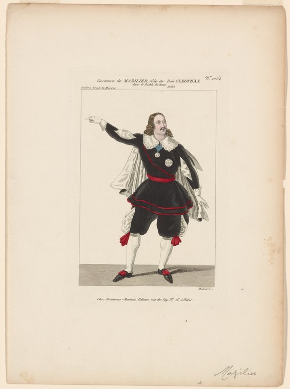 A man in black doublet with red trim and white collar stands with left arm extended, in seventeenth-century theatrical dress.