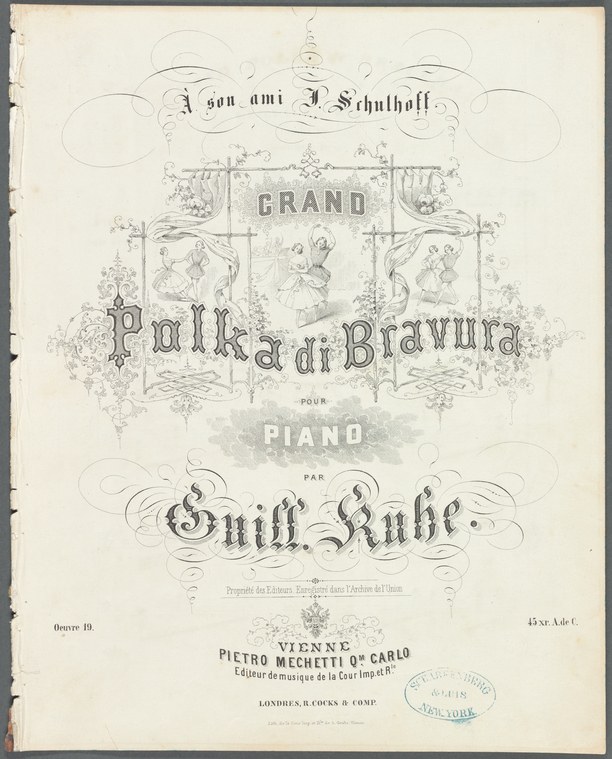 Ornate lithographic title page for a polka di bravura piano score, with rococo scrollwork and a small ballroom scene in the center.