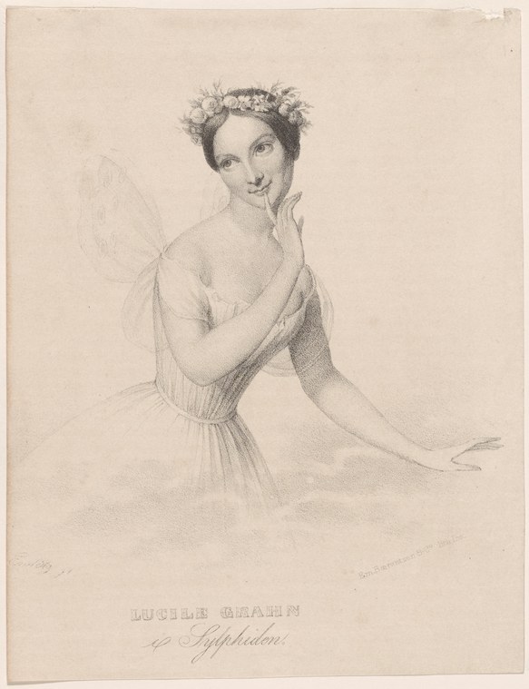 Lithographic portrait of a woman in classical drapery and flower crown, three-quarter view, inscribed 'Lucile Grahn i Sylphiden.'