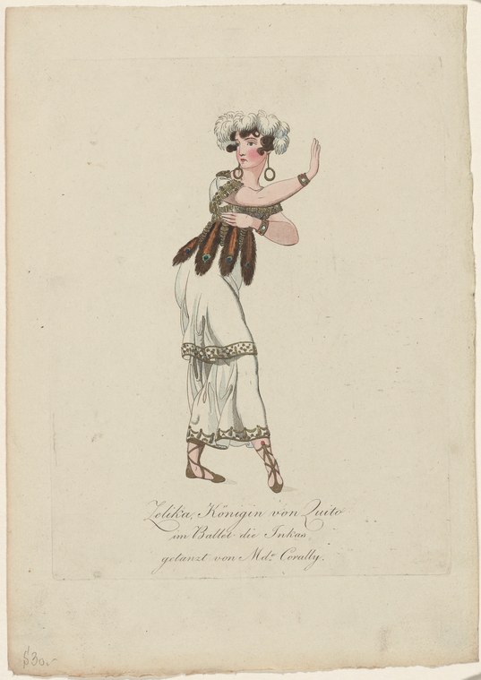 Hand-colored engraving of a blonde woman in a white Neoclassical dress with a feathered sash, standing with raised arm in a theatrical pose.