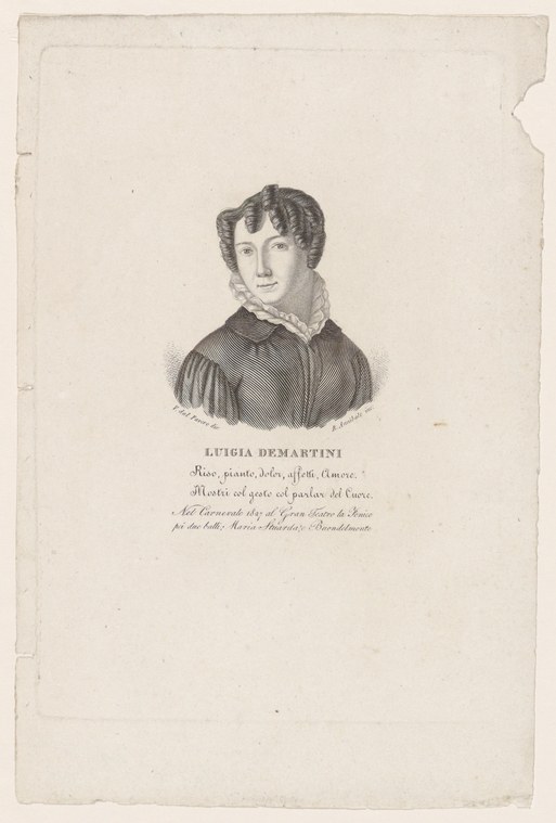 Engraved portrait of a young woman in dark theatrical costume, head angled downward, with text identifying her as Luigia Demartini.