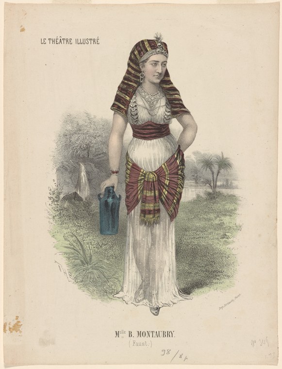 Woman in white pleated skirt and striped Egyptian headdress holding a blue vessel, posed in a palm-lined landscape.