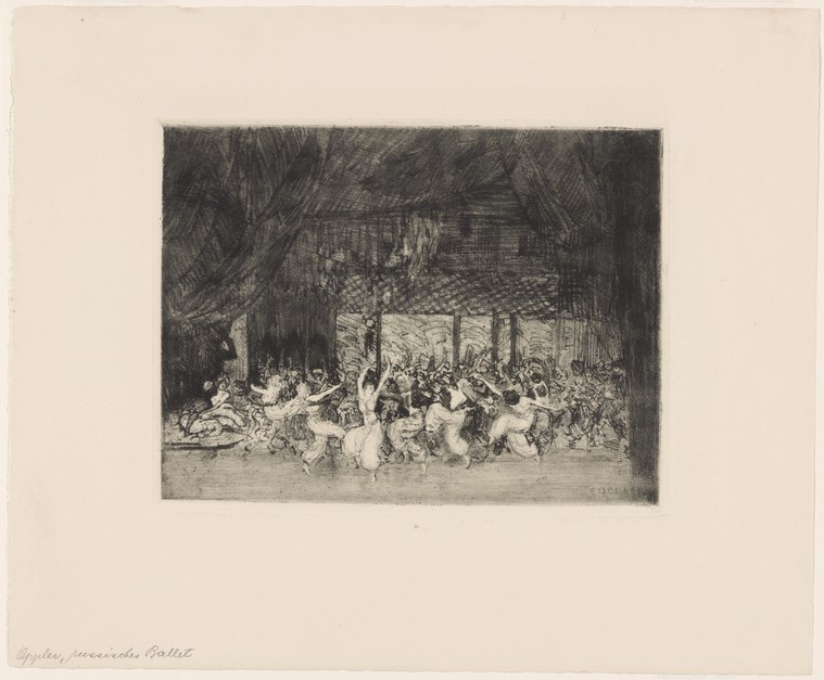 Engraving of a crowded interior with figures in flowing garments in loose, improvisational movement, rendered with fine cross-hatching.