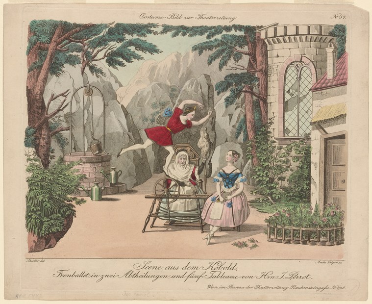 A fairy figure in red hovers above a woman in blue working a spinning wheel in an enchanted grotto, from a Romantic-era ballet.
