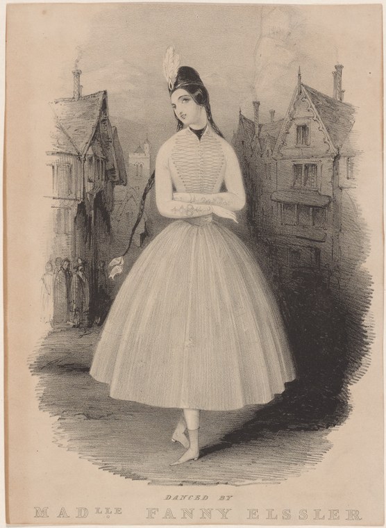 Fanny Elssler stands alone in Romantic ballet costume—fitted bodice and white bell skirt—before a shadowy Gothic townscape.
