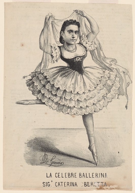 Engraved portrait of a young woman in ballet costume: dark bodice, enormous white tulle skirt, and lace headdress, posed en relevé.