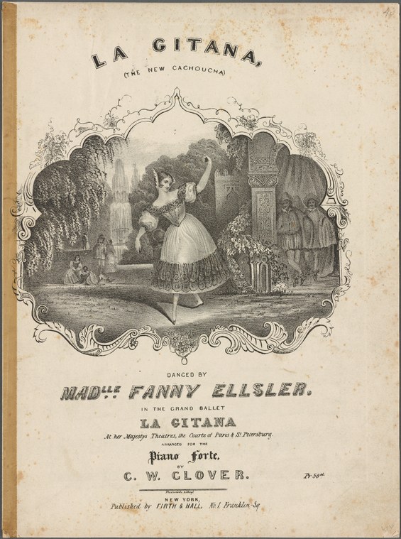 Engraved sheet-music cover showing Fanny Elssler in a white Romantic tutu, posed gracefully in a garden with classical arches.