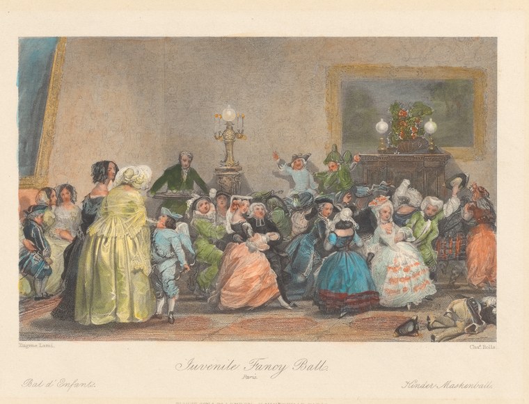 A crowded indoor ball in a Parisian salon: dozens of fashionably dressed children in silks and satins stand in social clusters; a girl in yellow dress in the