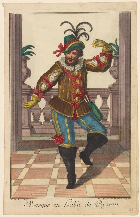 An 18th-century engraving of a smiling man in an ornate costume with feathered hat, one leg raised, arms akimbo, standing in a columned interior with a