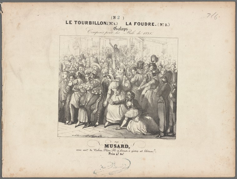 Crowded ballroom scene with couples dancing a galop while spectators watch; women in high-waisted dresses and bonnets, men in tailcoats, 1830s engraving