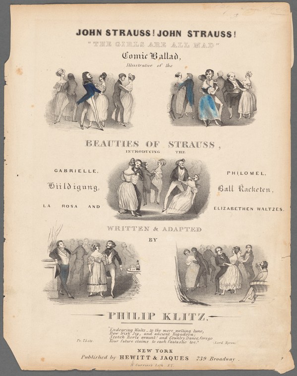 Six-panel comic illustration of women and men in 1840s dress dancing and celebrating John Strauss waltzes, with enthusiasm and exaggerated gesture.