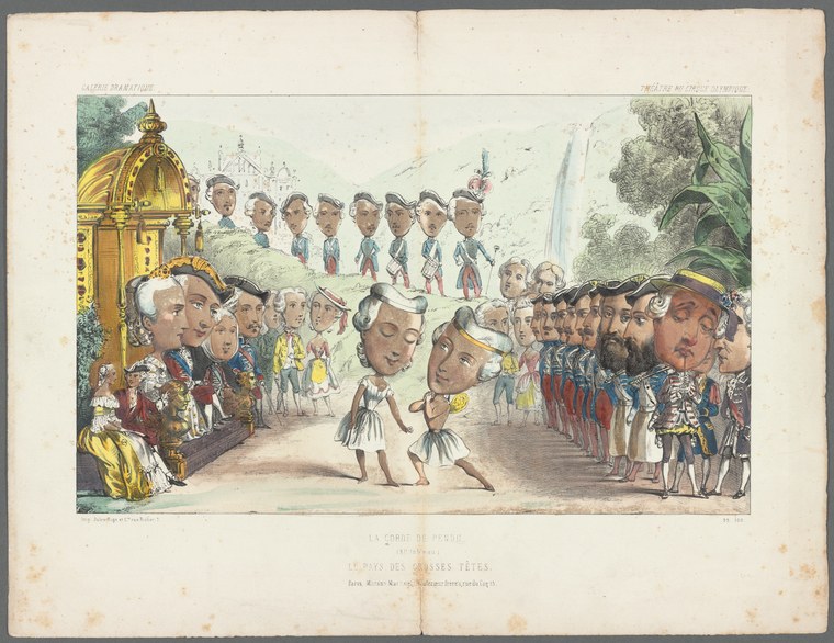 Satirical engraving: two caricatured figures with grotesquely swollen heads face each other before a golden dome, while uniformed soldiers stand witness.