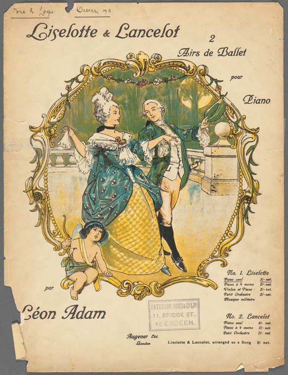 Chromolithographed music cover showing a woman and man in 18th-century dress posed intimately in a garden, framed by ornamental scrollwork.