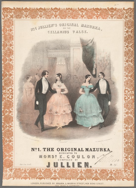 Two ballroom couples in 1840s dress face each other in a formal dance configuration in an ornate salon.