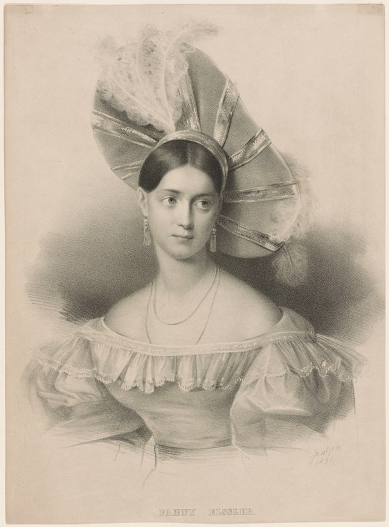 Portrait engraving of a young woman in white Romantic-era ball gown with an elaborate pleated fan-shaped headdress.