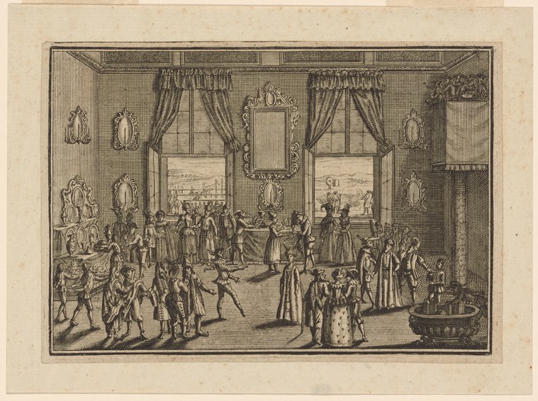 Engraving of a crowded formal ball in a grand interior with dancers in 17th-century dress, portraits on walls, and tall draped windows.