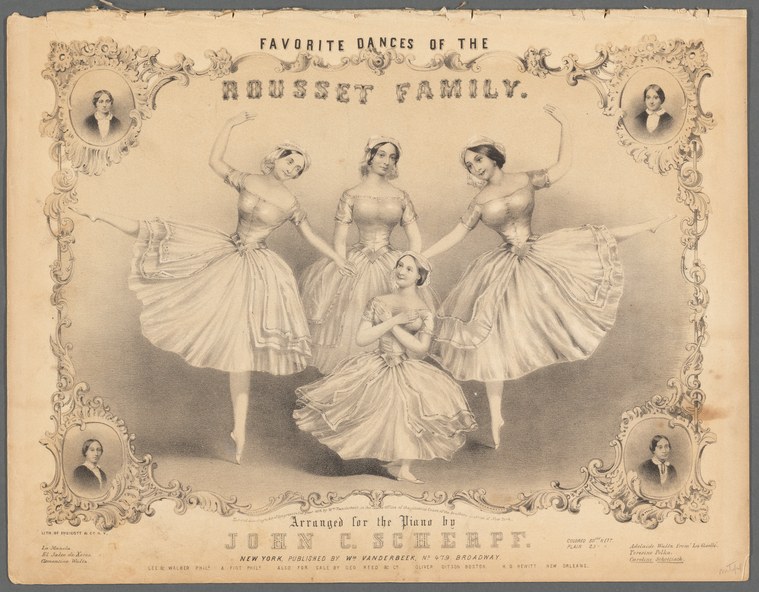 Lithograph title page showing four female ballet dancers in tulle skirts and fitted bodices, posed in classical ballet positions within an ornate rococo border.