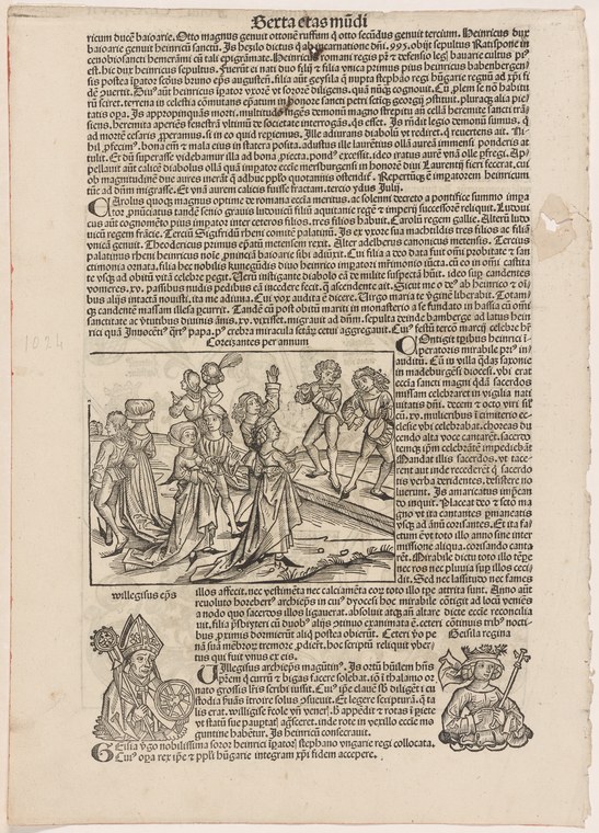Renaissance-era dancers in formal court dress arranged in a line, from a printed instructional manual on the Basse Danse.