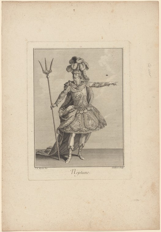 Engraving of a costumed figure dressed as Neptune, holding a trident, in formal frontal pose.