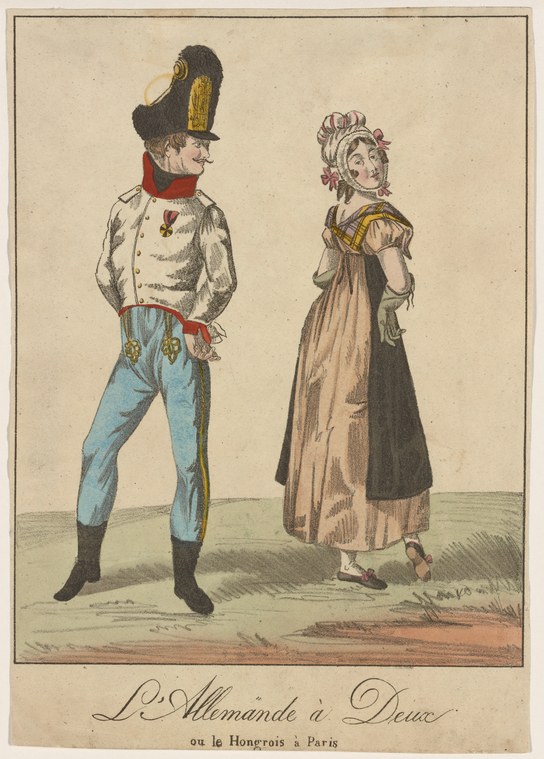 A man in military uniform and a woman in an Empire-waist dress stand facing each other in formal dance pose.