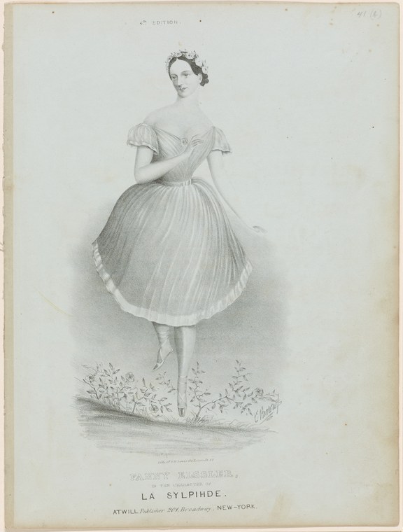 Engraved portrait of a woman in a knee-length ballet costume with fitted bodice and voluminous skirt, standing in a composed pose among flowering plants.