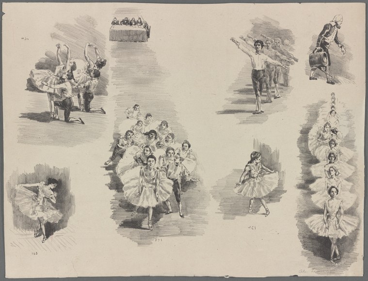 Pen-and-ink study sheet showing multiple scenes of young female ballet dancers in tutus demonstrating classical positions during an examination at the Paris
