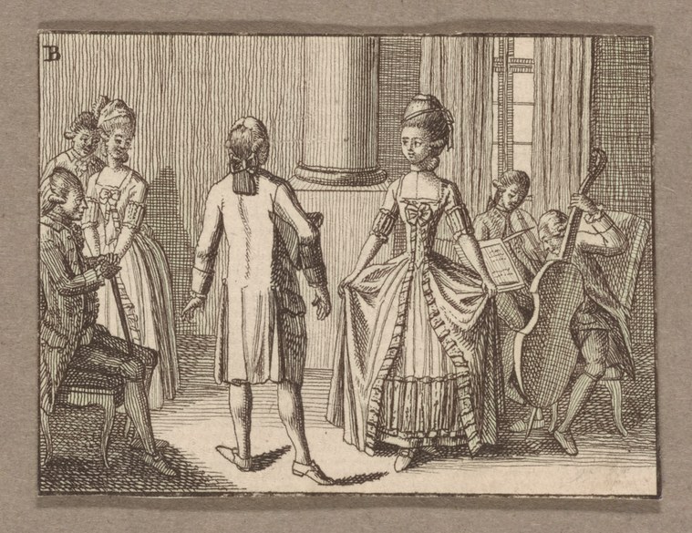 Engraving of a man and woman in 18th-century court dress in a formal interior; the woman faces left, the man stands behind and to the right, both upright and