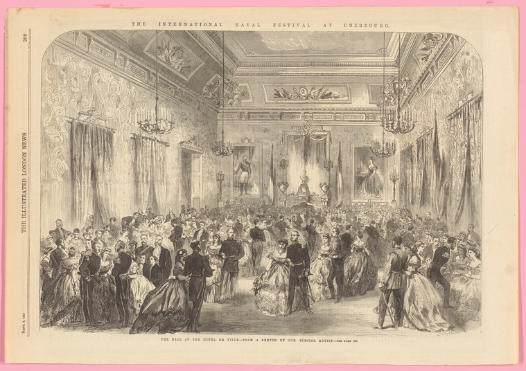 Engraving of a crowded formal ballroom at night, with men and women in 1850s dress; couples waltz while others stand and converse.