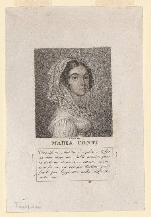 Portrait engraving of a woman in Regency dress and lace headdress, identified by caption as the Italian dancer Maria Conti.
