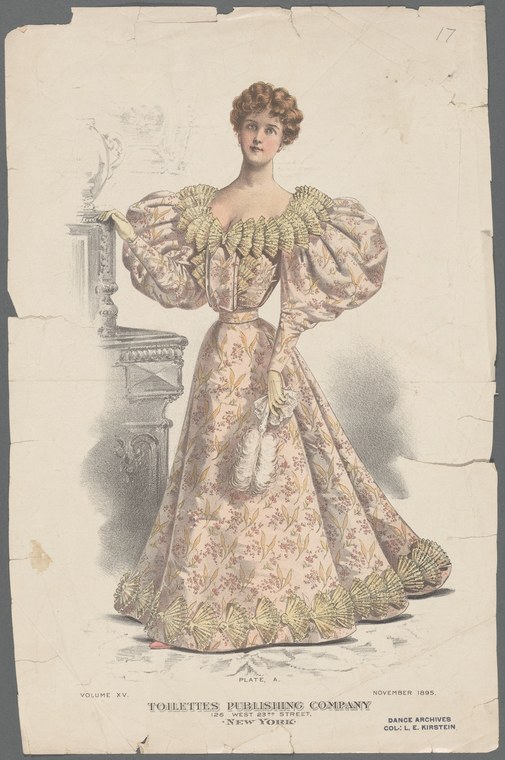 Hand-coloured fashion plate of a woman in 1890s formal dress with enormous puffed sleeves and trained skirt, standing in a static pose against a plain