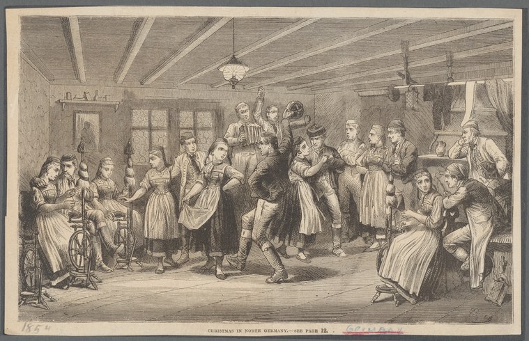Wood engraving of a crowded rural interior with men, women, and children dancing and watching in a village celebration.