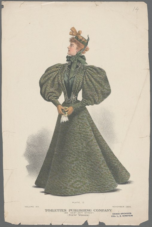 A fashionably dressed woman in 1890s attire with enormous puffed sleeves, stands in posed profile against a neutral background.