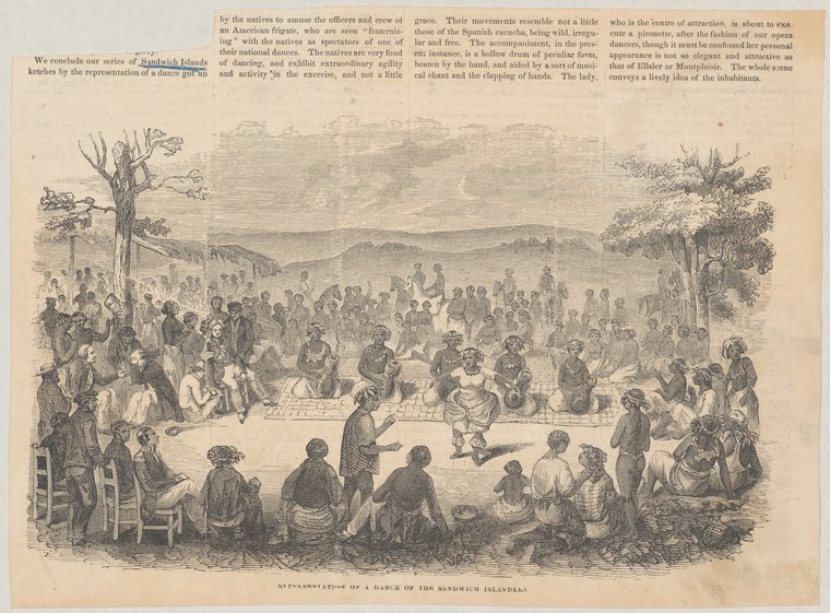 Wood engraving of a large tropical gathering with dozens of indigenous people, some standing and many seated or crouching, with tall trees and mountains in